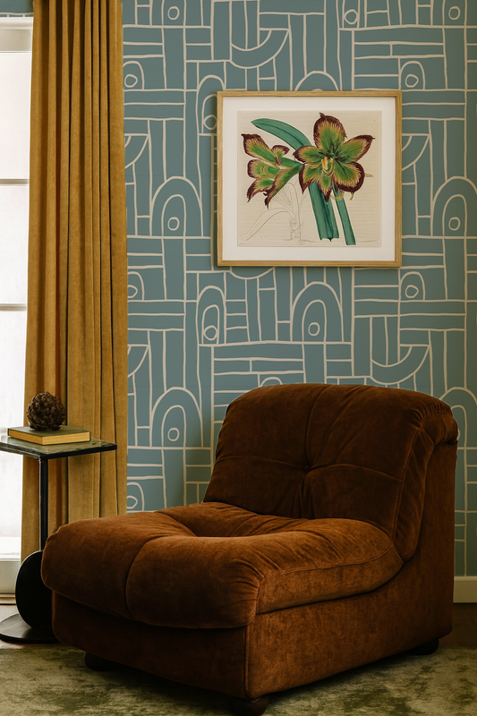 Deco Tile Wallpaper, dusty blue and white