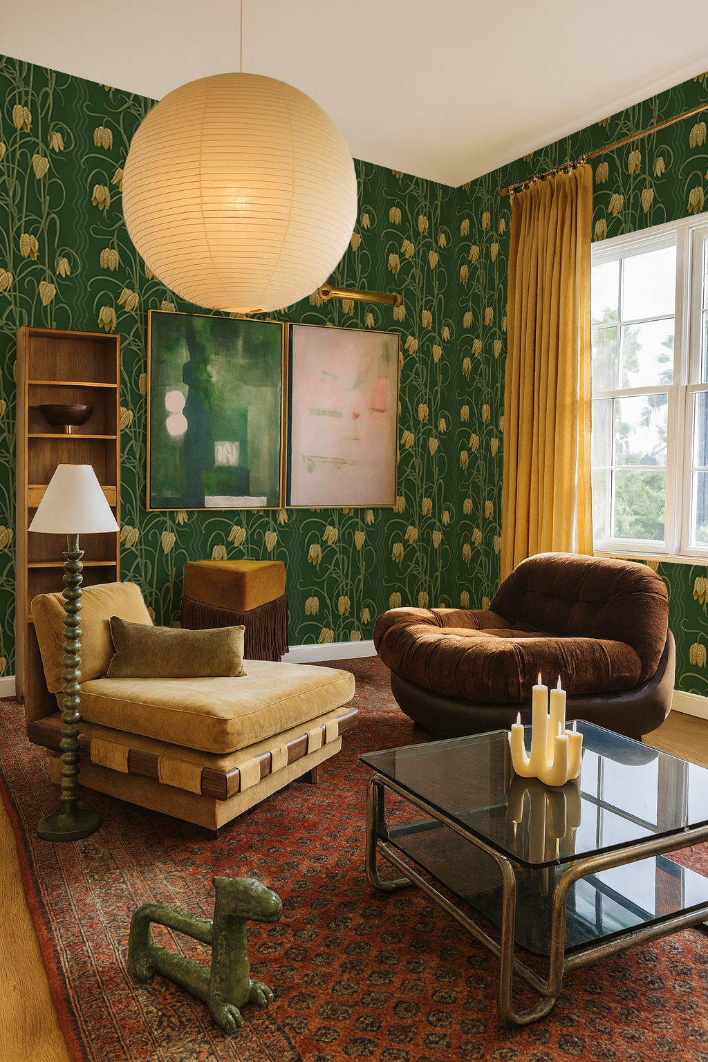 Campanas Wallpaper, dark green and ocher