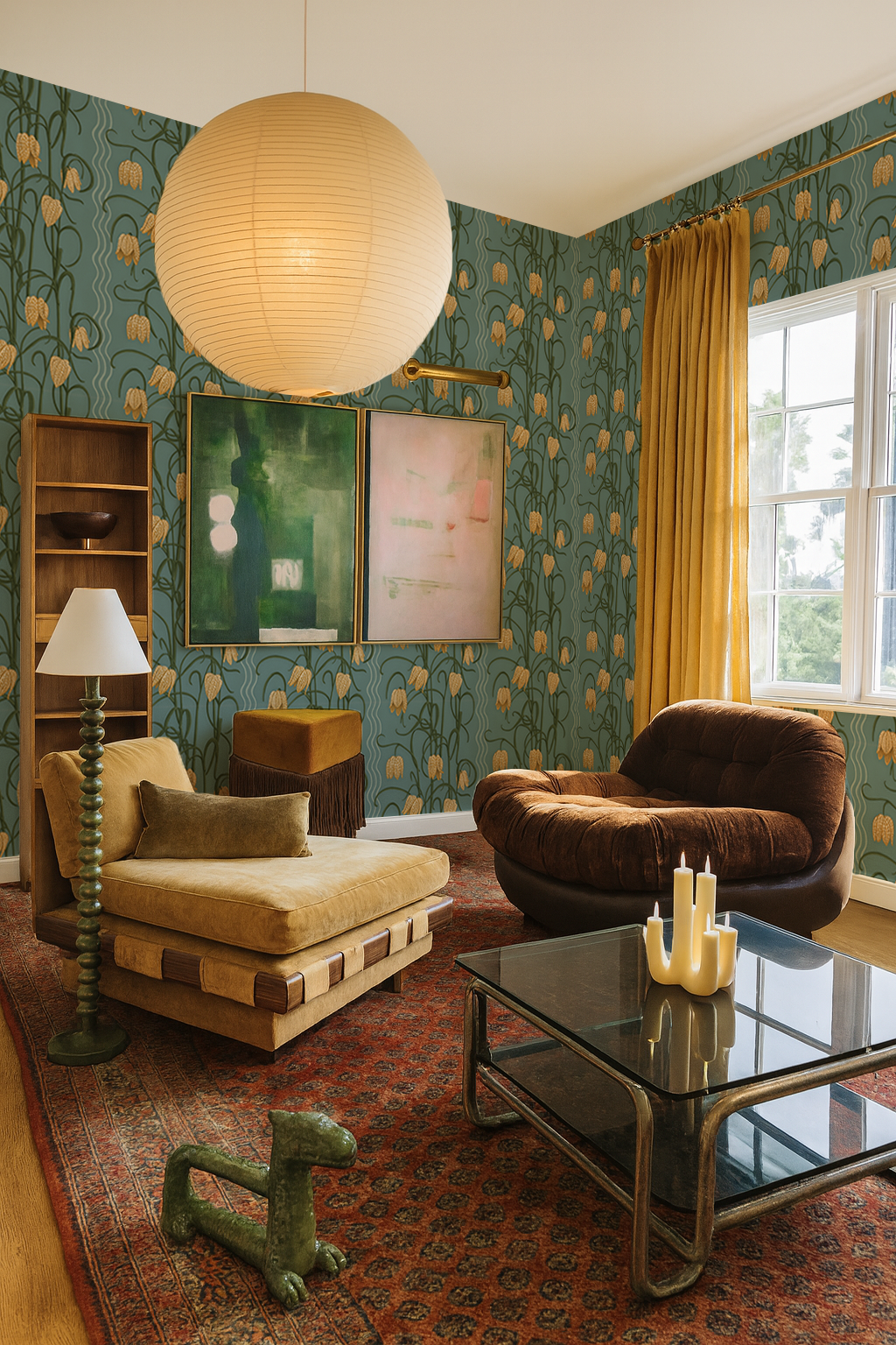 Campanas Wallpaper, dusty blue and marigold