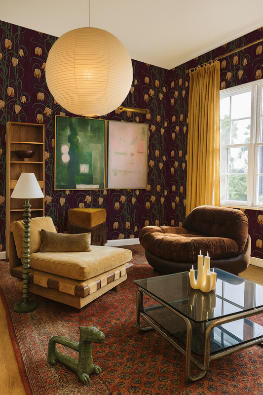 Campanas Wallpaper, eggplant and toffee