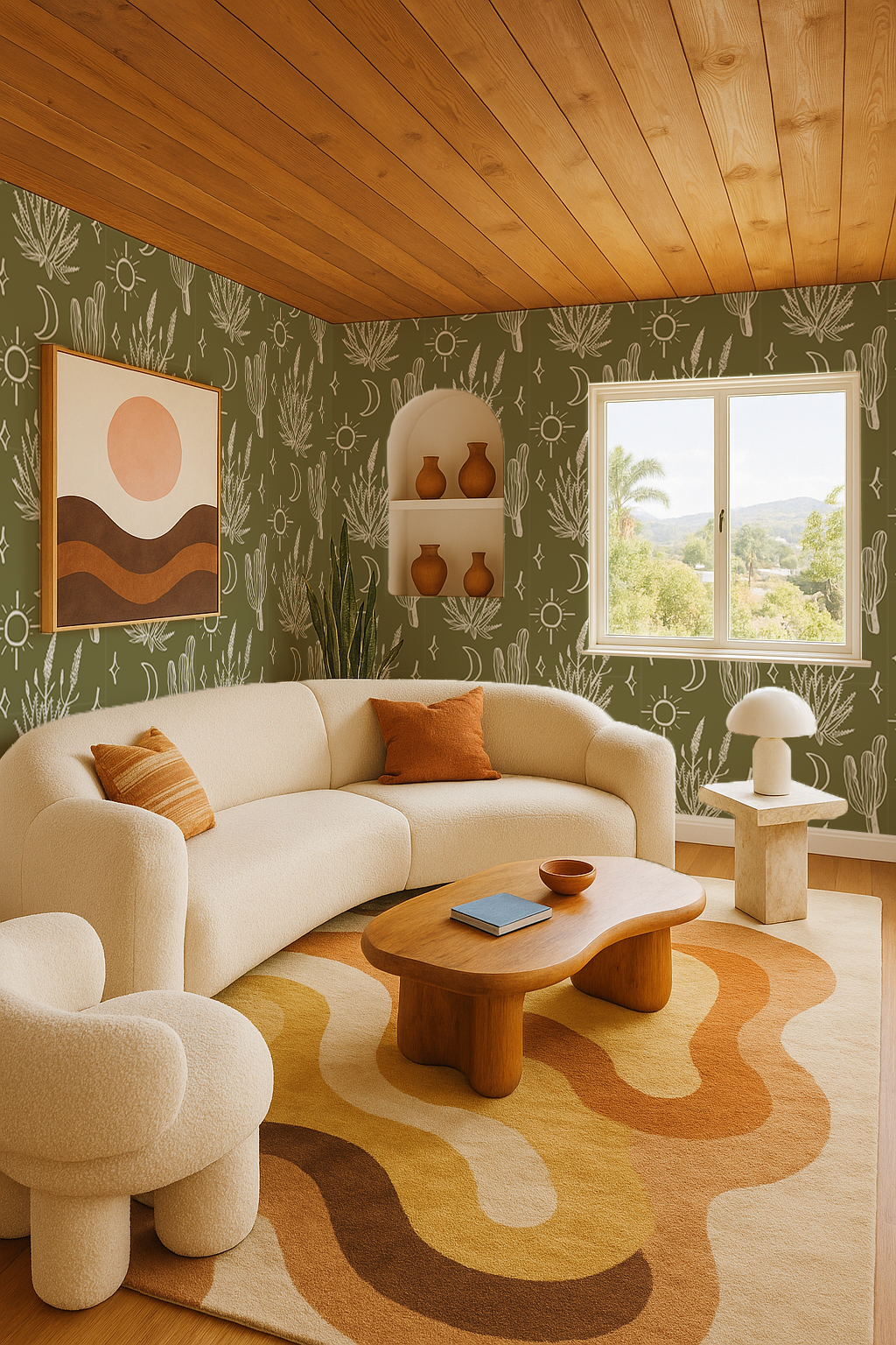 Desert Sky Wallpaper, large pattern, moss green and white