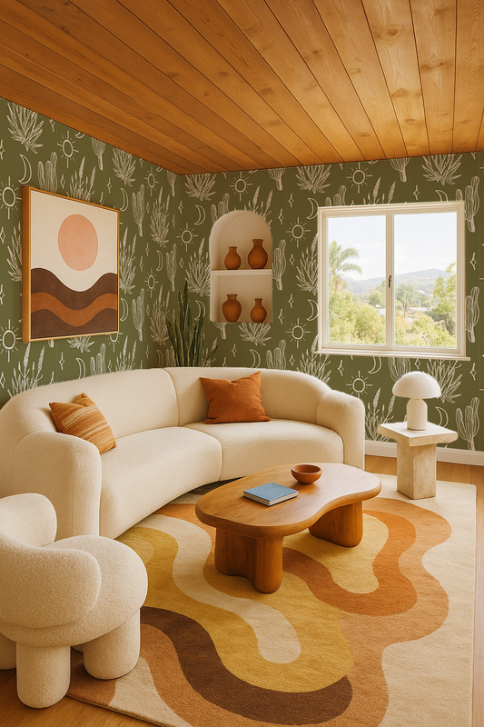 Desert Sky Wallpaper, large pattern, moss green and white