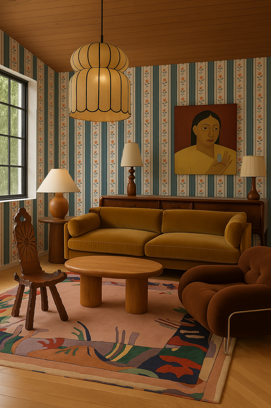 Amapola Stripe Wallpaper, beige, dark teal and orange
