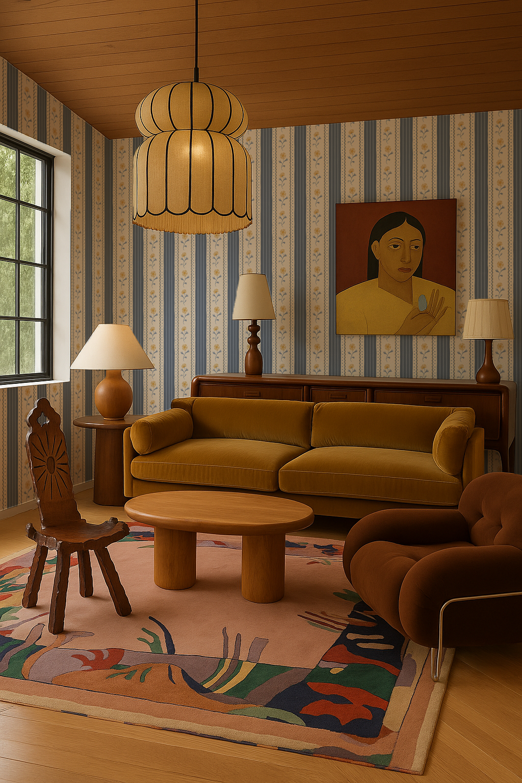 Amapola Stripe Wallpaper, beige, dusty blue and yellow