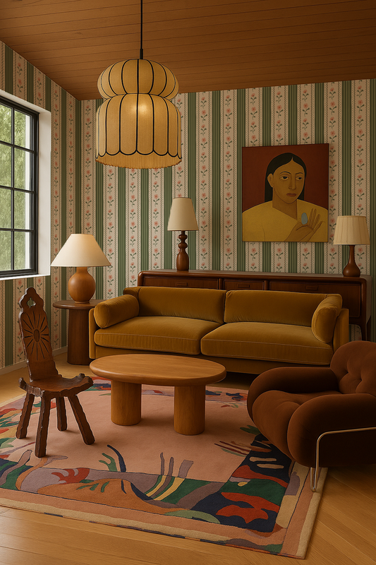 Amapola Stripe Wallpaper, beige, green and peach