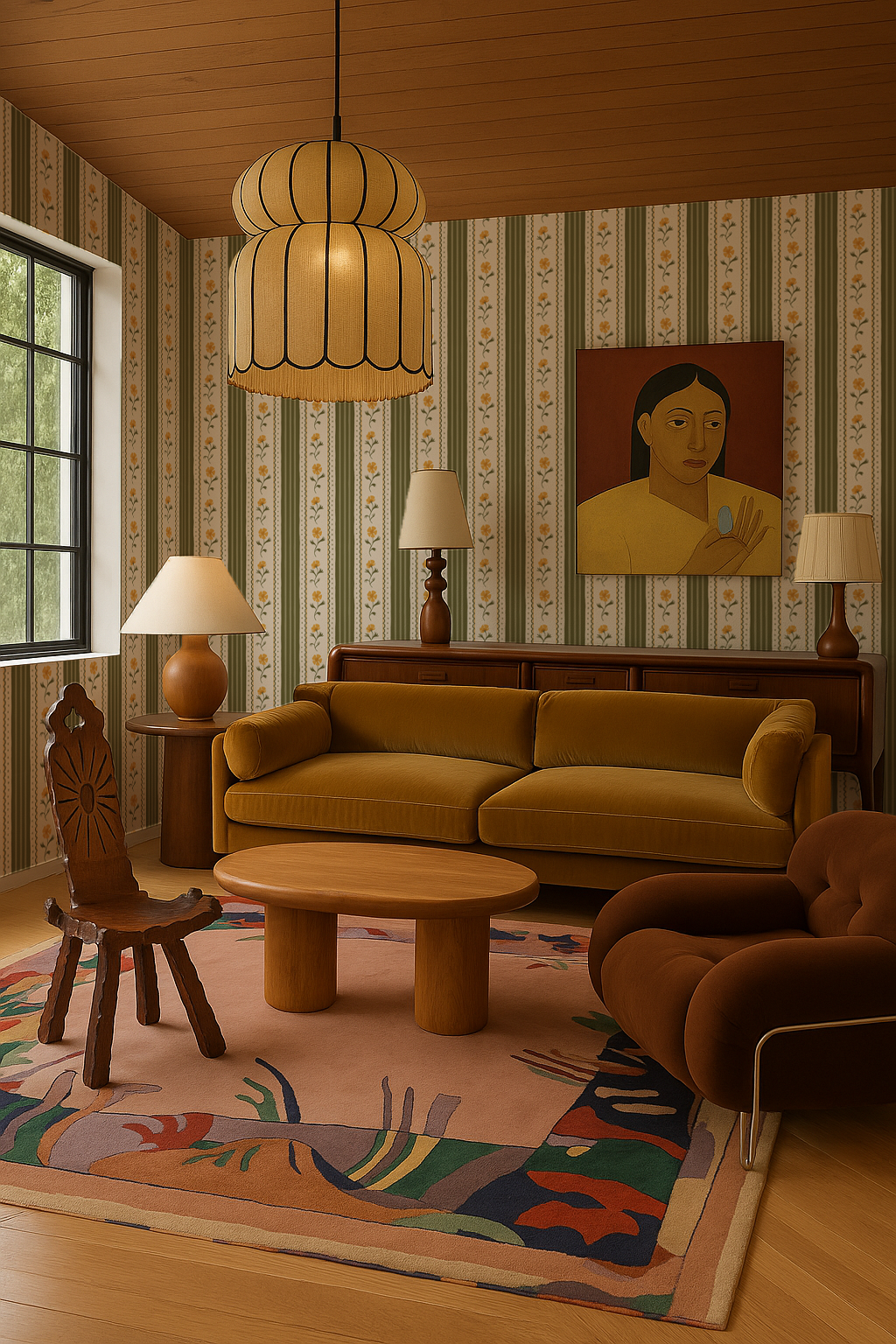 Amapola Stripe Wallpaper, beige, olive green and marigold