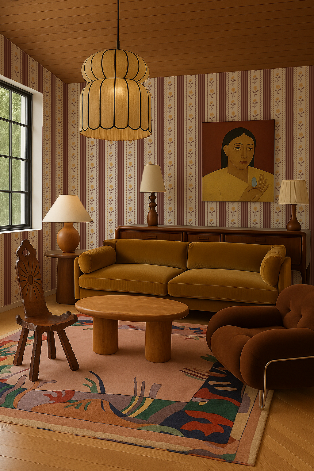 Amapola Stripe Wallpaper, beige, wine and marigold