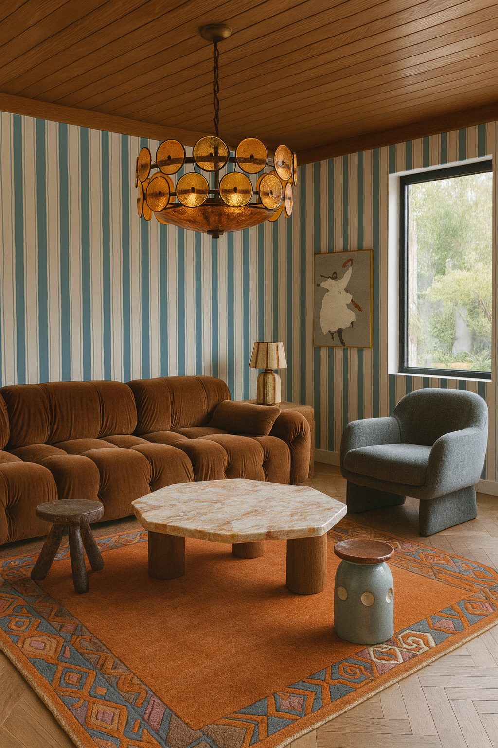 Riviera Stripe Wallpaper, off-white and dusty blue