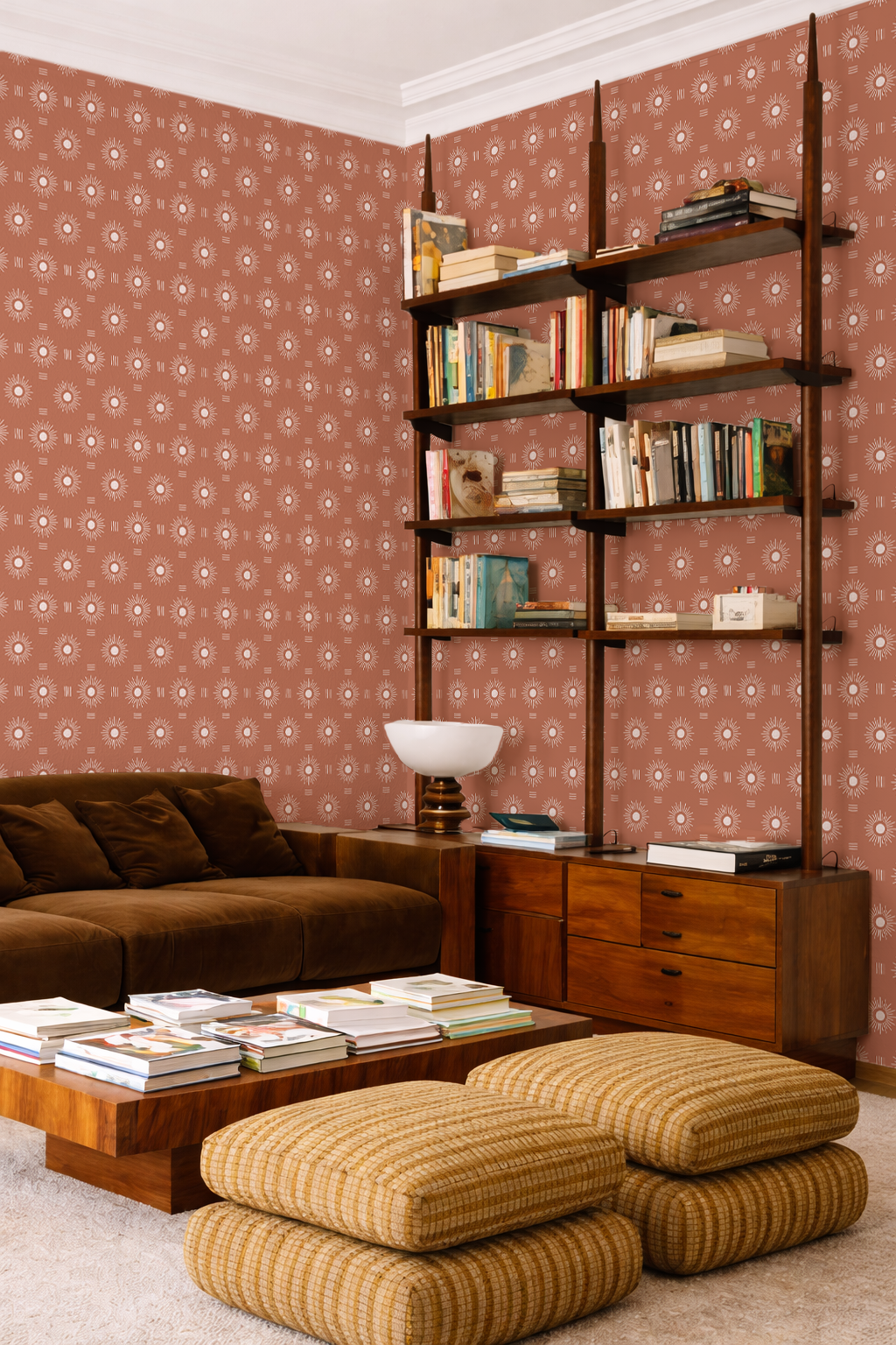 Sun Rays Wallpaper, terra cotta and white