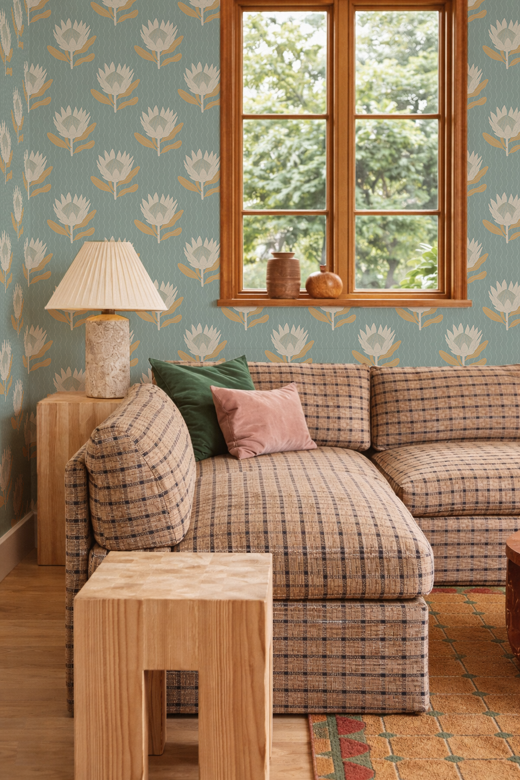 King Protea Wallpaper, light blue and apricot