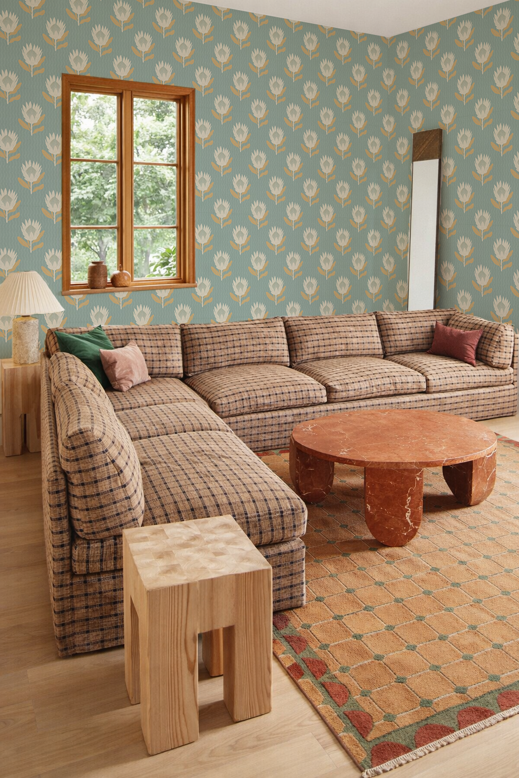 King Protea Wallpaper, light blue and apricot