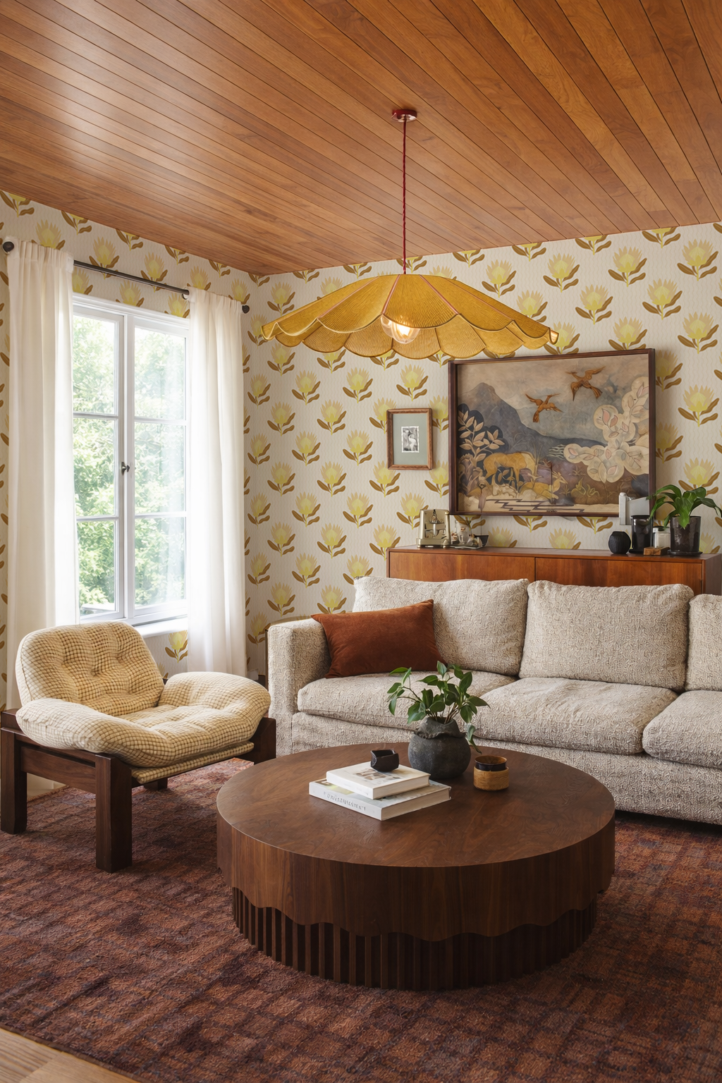 King Protea Wallpaper, neutral and brown mustard