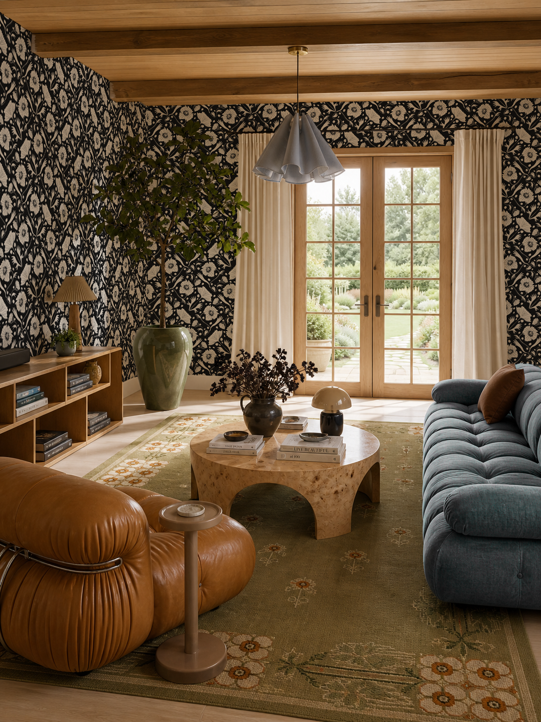 Poppy Pavilion Wallpaper, black and beige