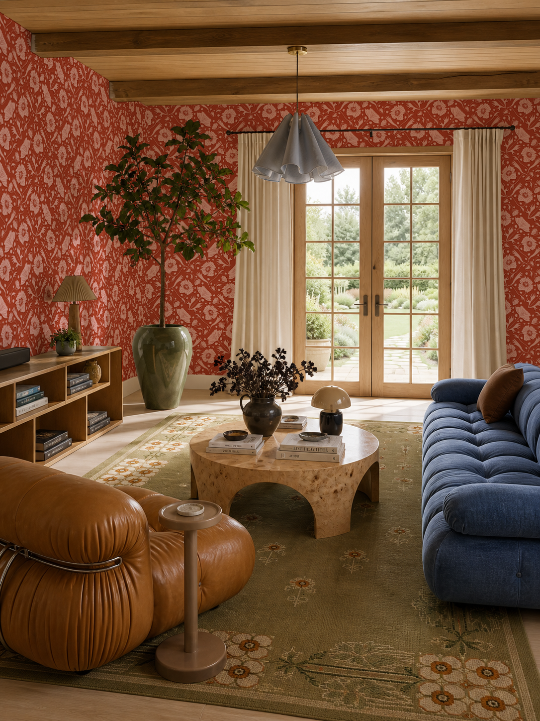 Poppy Pavilion Wallpaper, brick red and pink