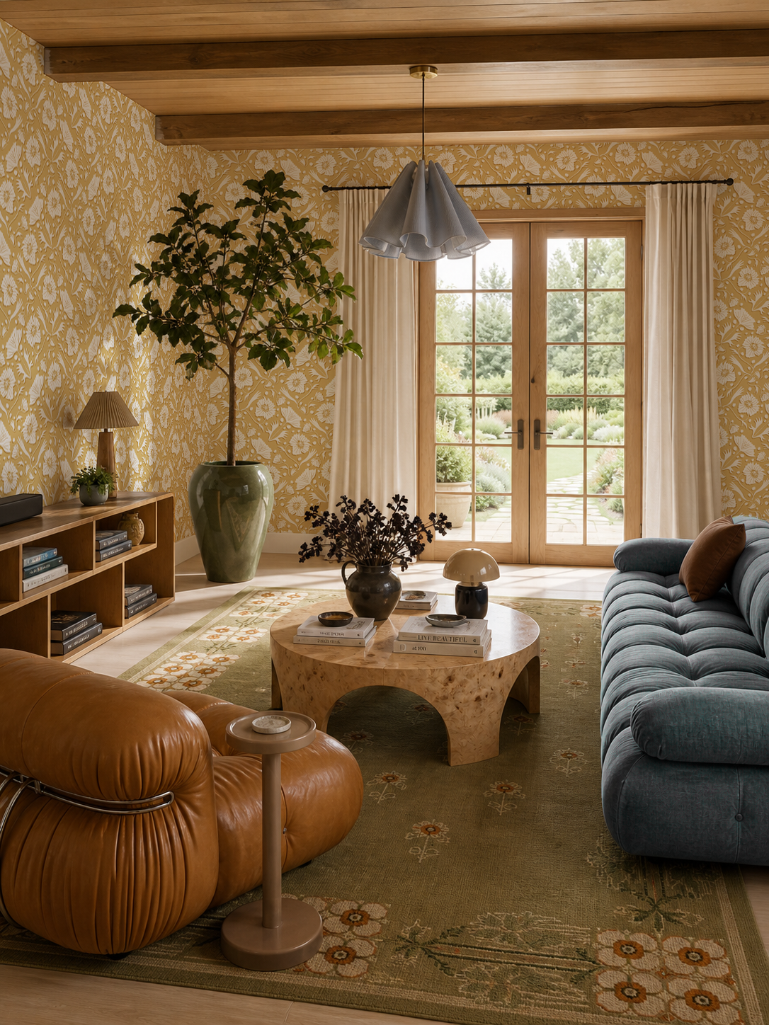 Poppy Pavilion Wallpaper, butter yellow and off-white