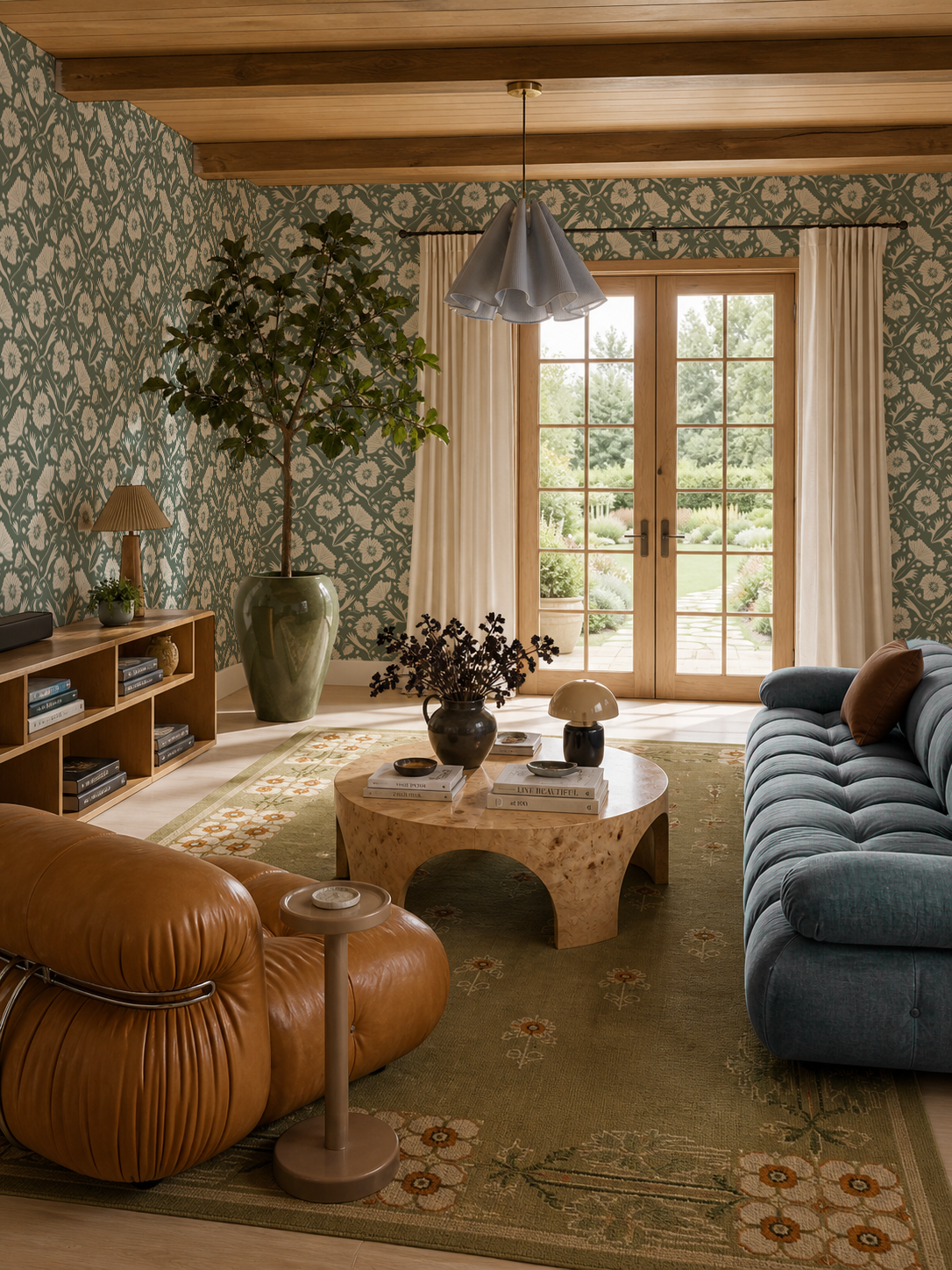 Poppy Pavilion Wallpaper, eucalyptus and beige
