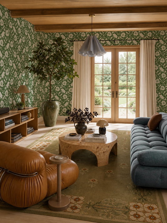 Poppy Pavilion Wallpaper, green and beige