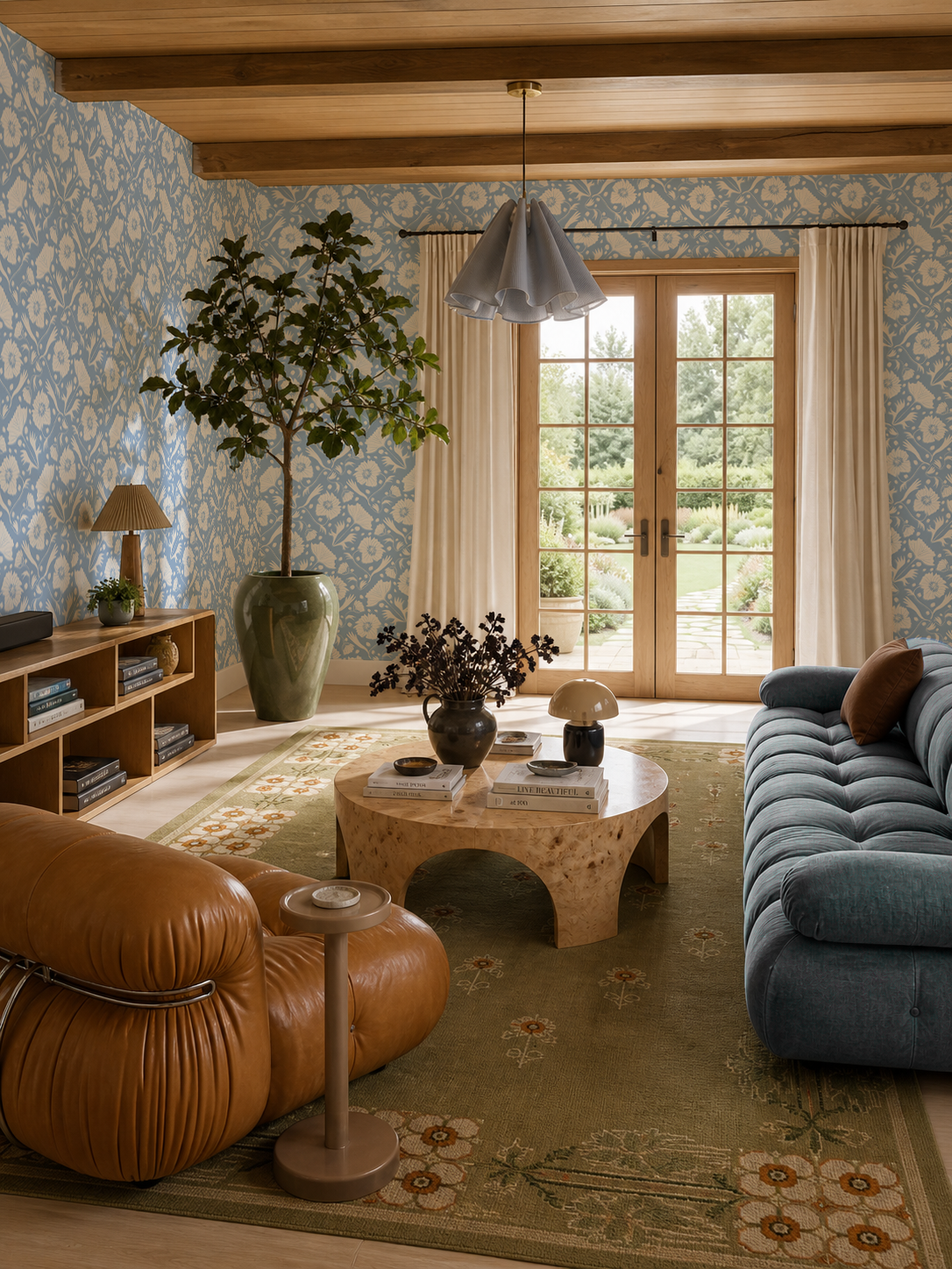 Poppy Pavilion Wallpaper, light blue and beige