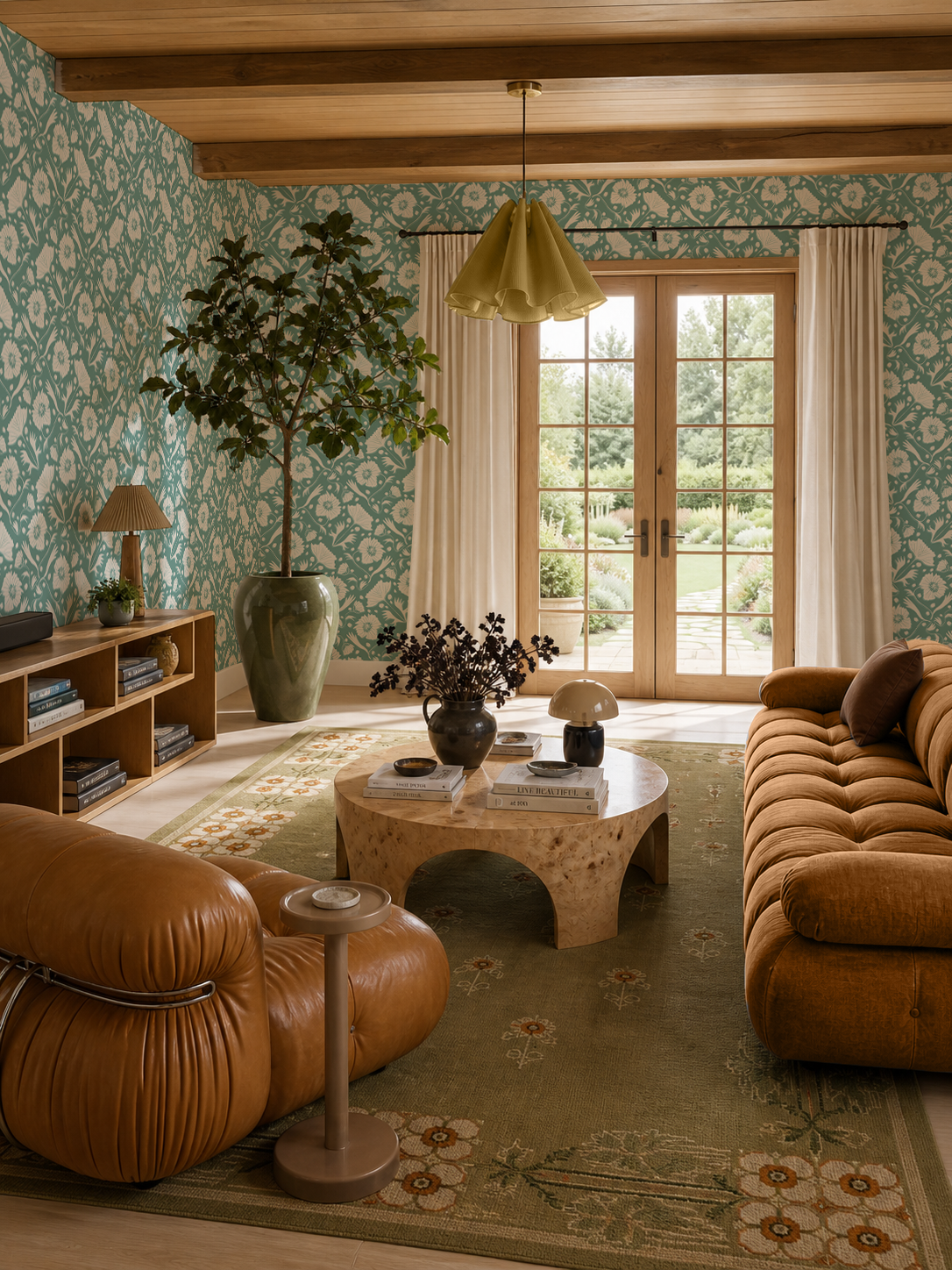Poppy Pavilion Wallpaper, teal and beige
