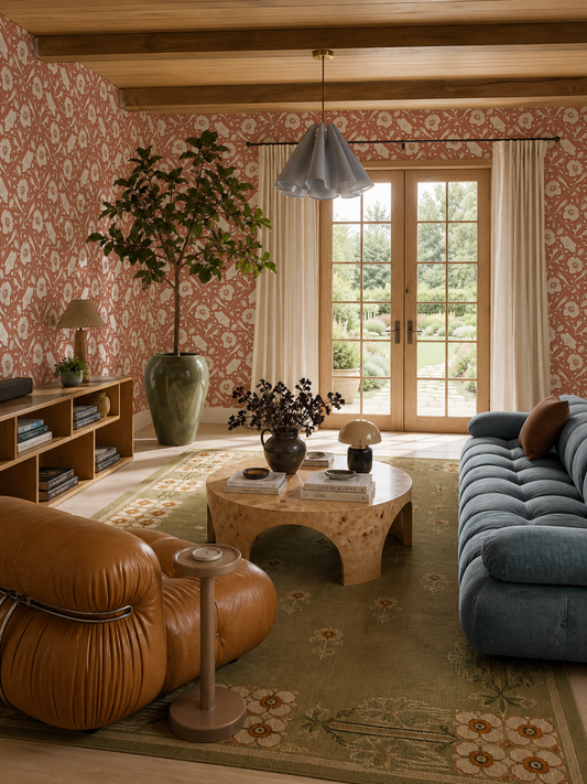 Poppy Pavilion Wallpaper, terra cotta and beige