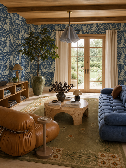 Verdant Folia Wallpaper, blue and off-white