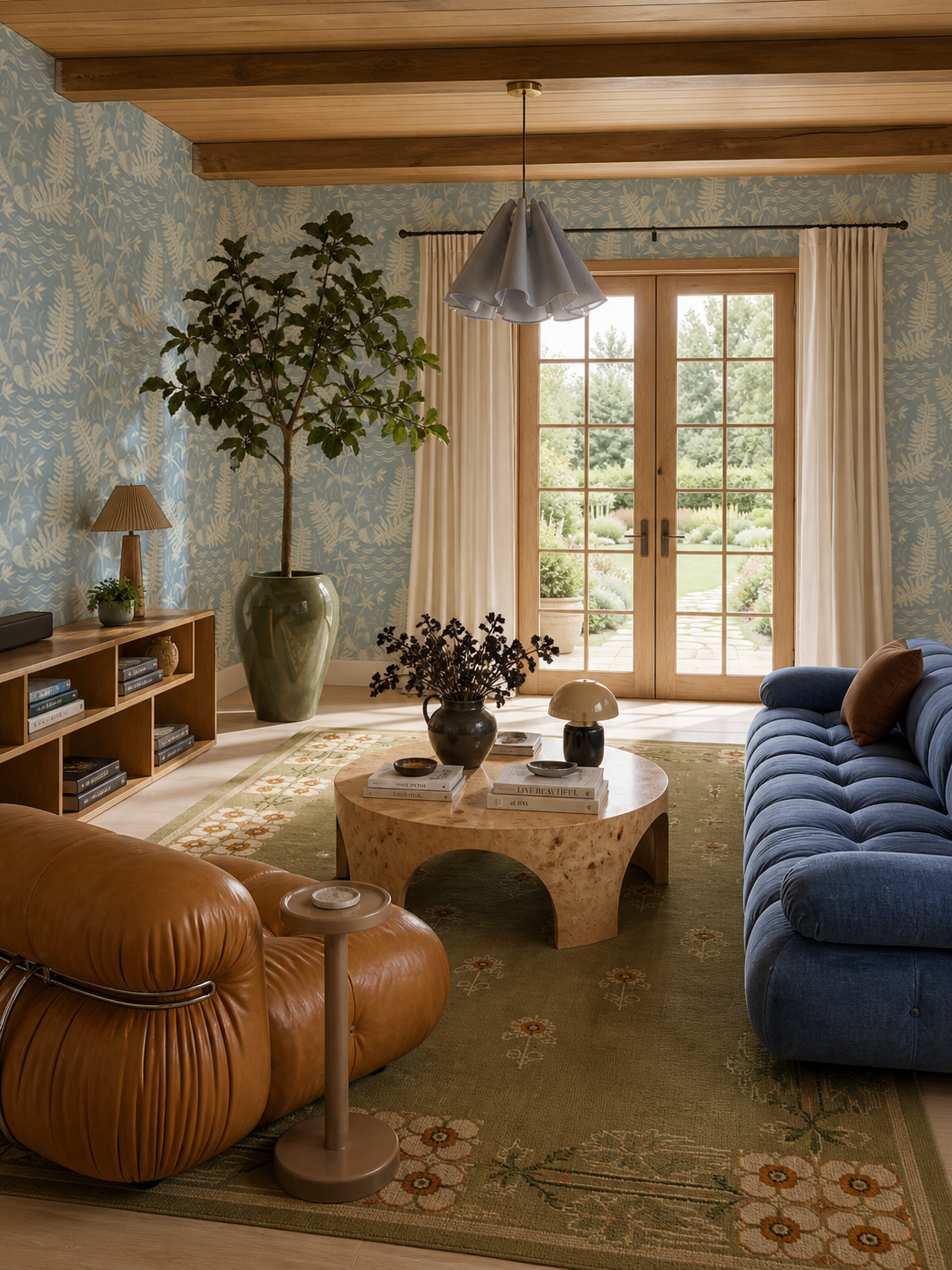 Verdant Folia Wallpaper, light blue and off-white