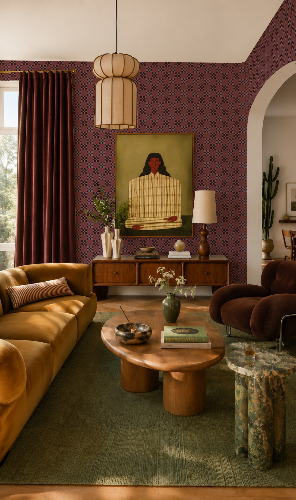 Cantina Check Wallpaper, eggplant and lavender