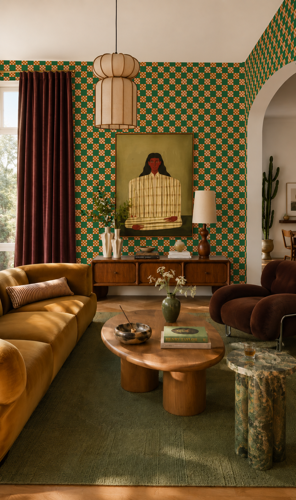 Cantina Check Wallpaper, green, peach and toffee