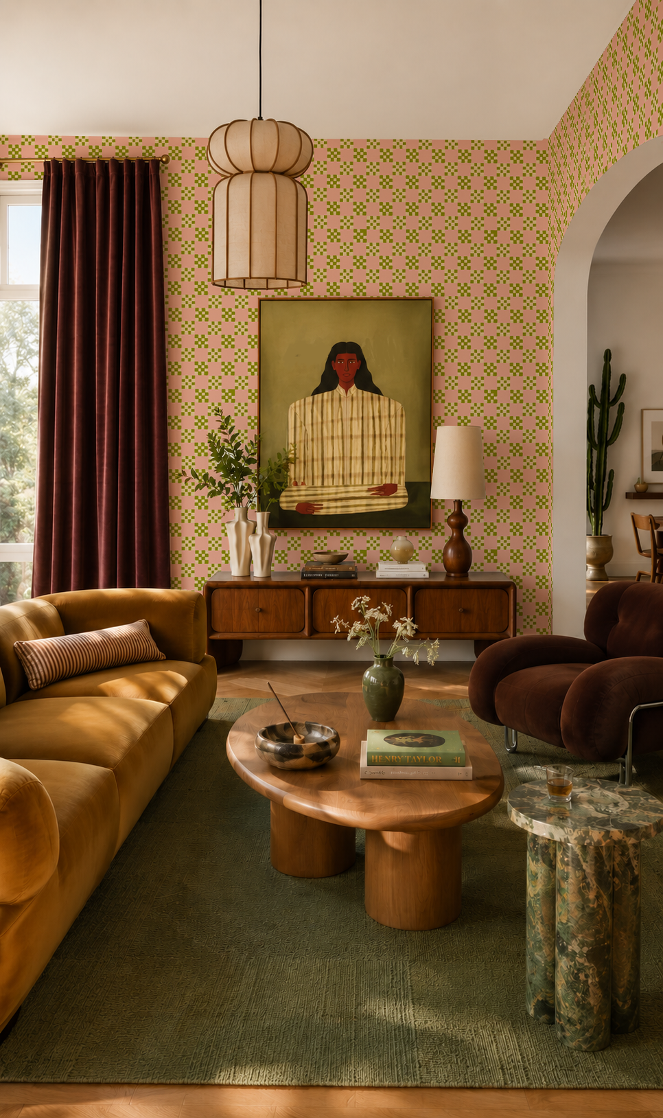 Cantina Check Wallpaper, pink, olive green and light beige