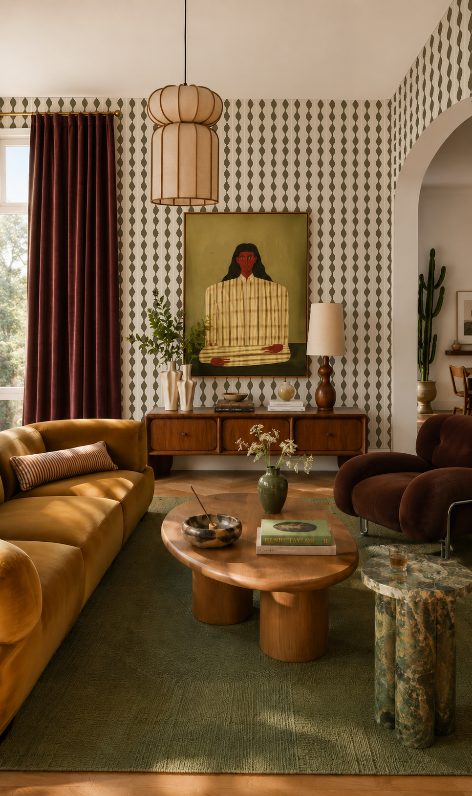 Rosario Stripe Wallpaper, beige and pine needles