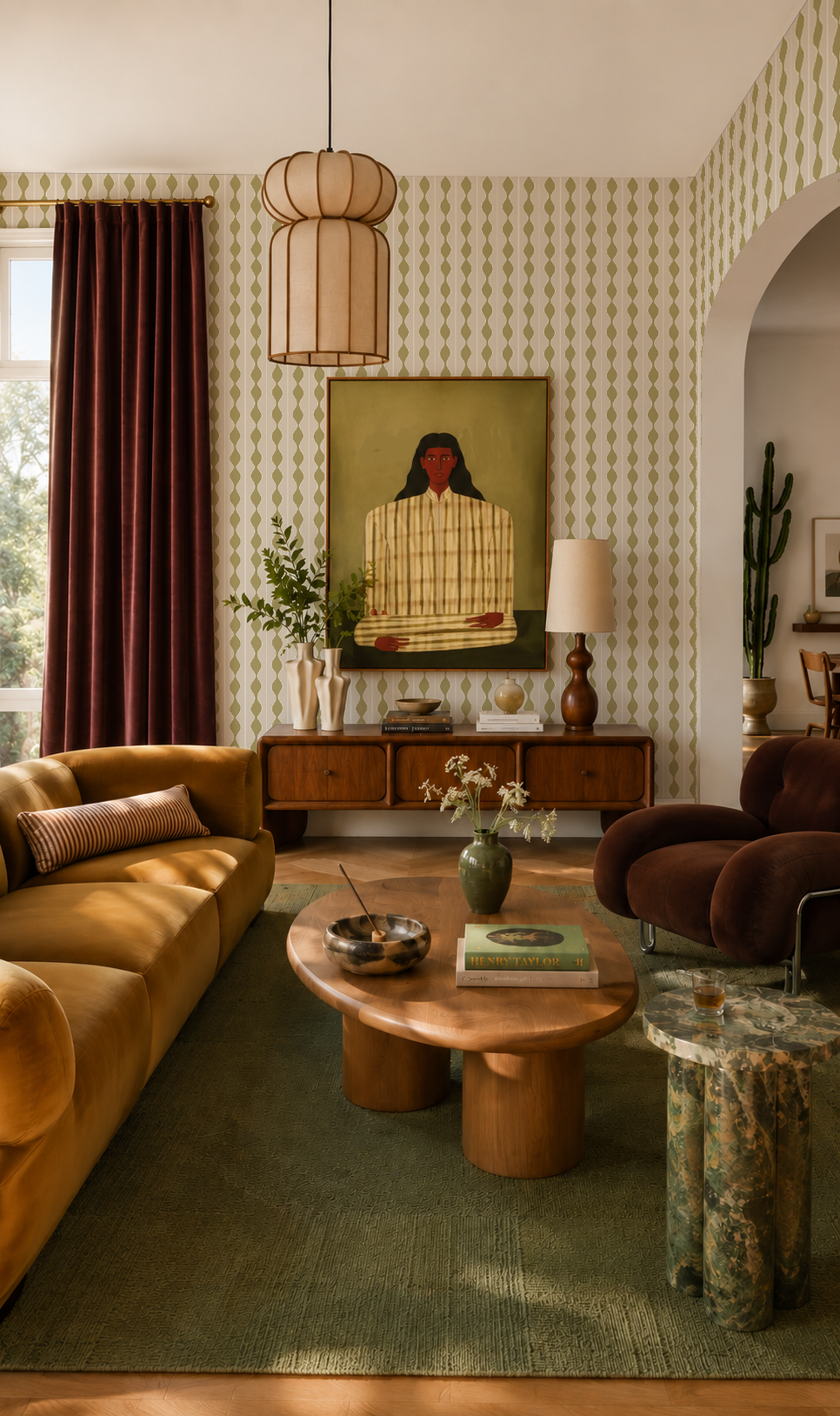 Rosario Stripe Wallpaper, beige and sage olive