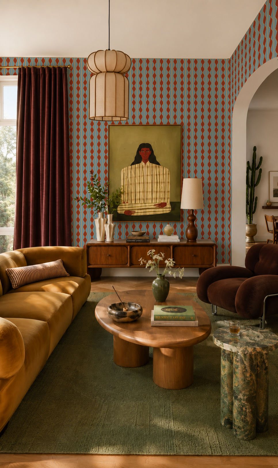 Rosario Stripe Wallpaper, blue, yellow and rust