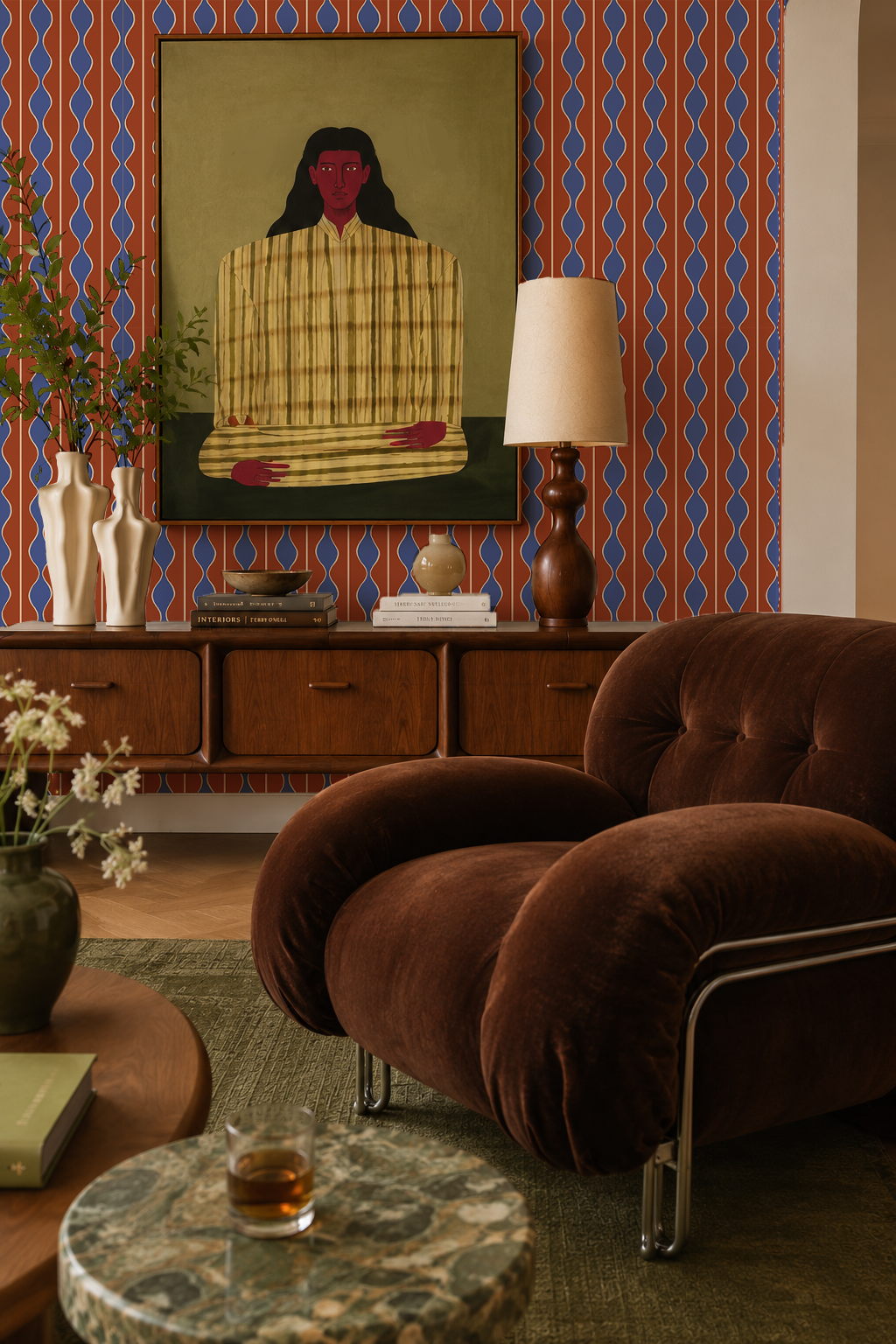 Rosario Stripe Wallpaper, brick red, blue and peachy white