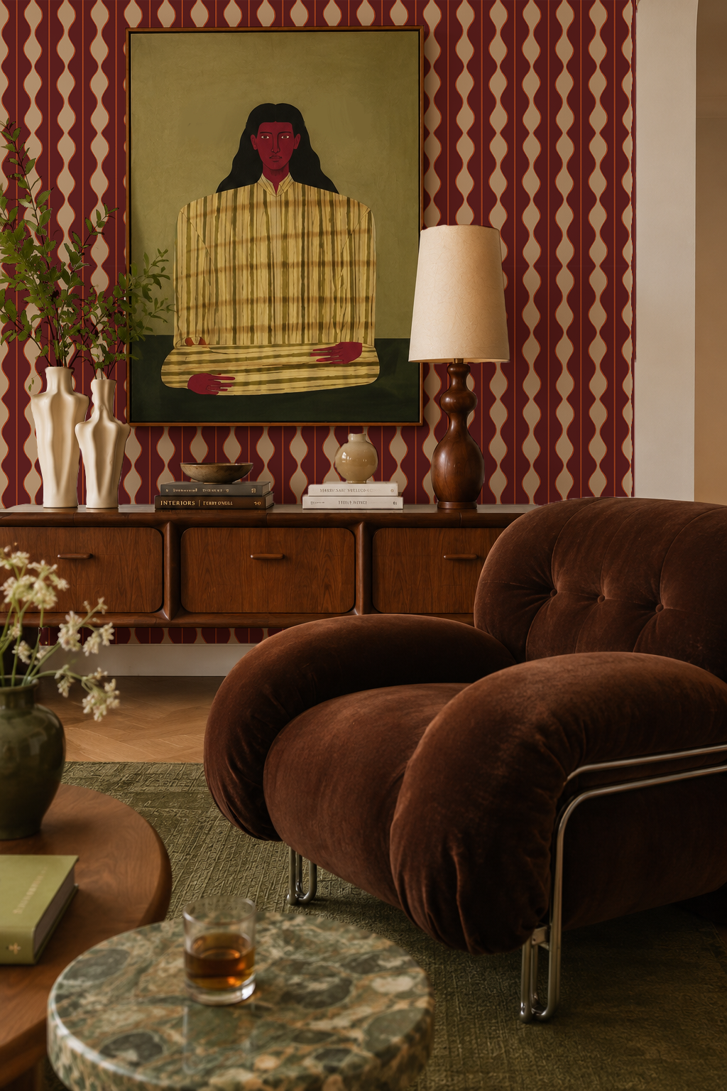 Rosario Stripe Wallpaper, maroon, deep peach and beige