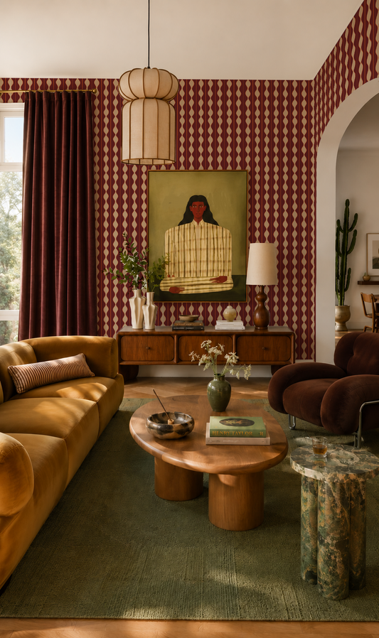 Rosario Stripe Wallpaper, maroon, deep peach and beige
