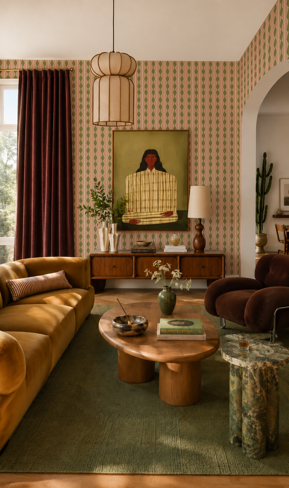 Rosario Stripe Wallpaper, peach and olive