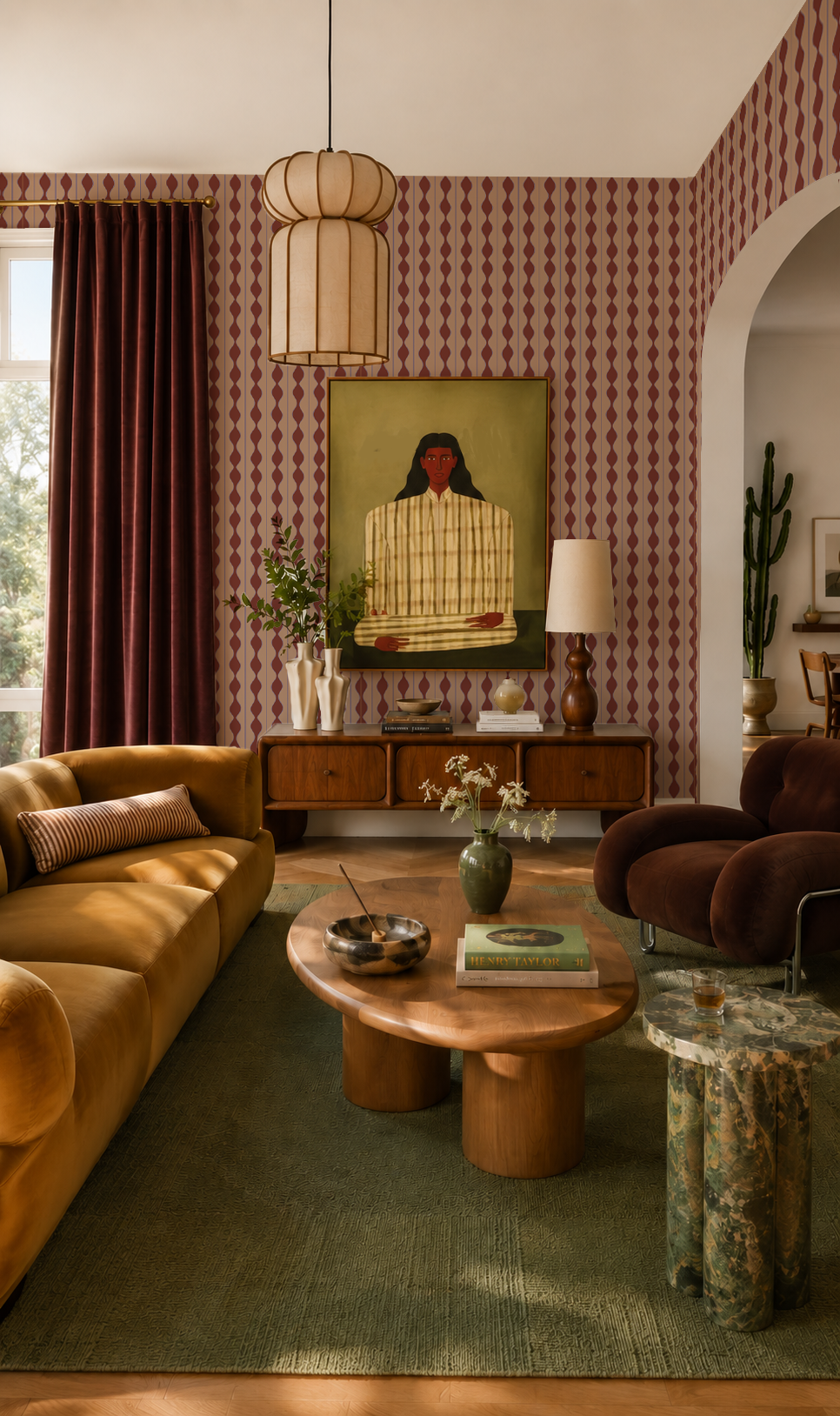 Rosario Stripe Wallpaper, peach, wine and lavender