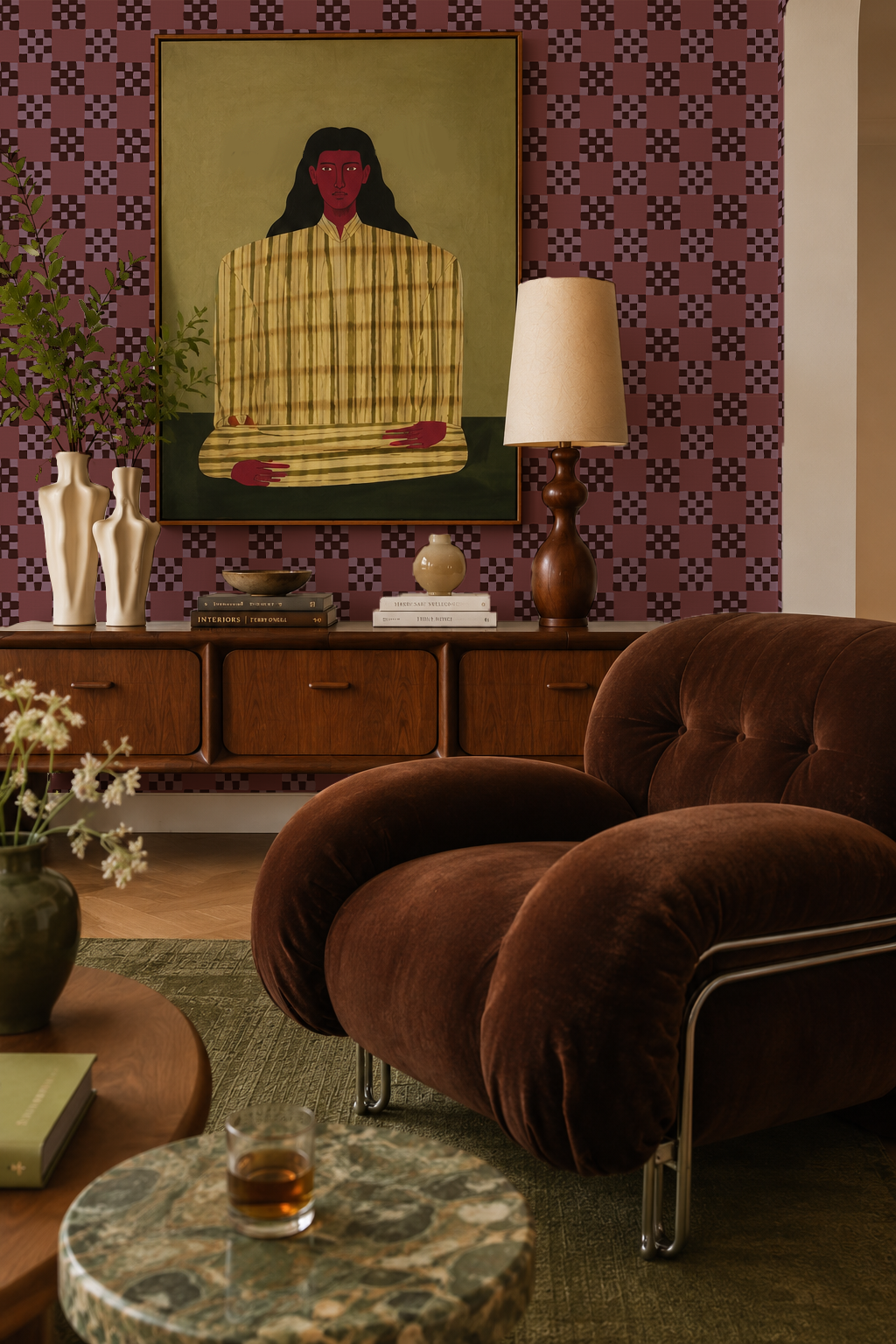 Cantina Check Wallpaper, eggplant and lavender