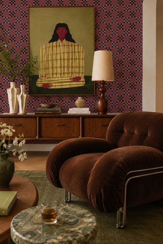 Cantina Check Wallpaper, eggplant and lavender