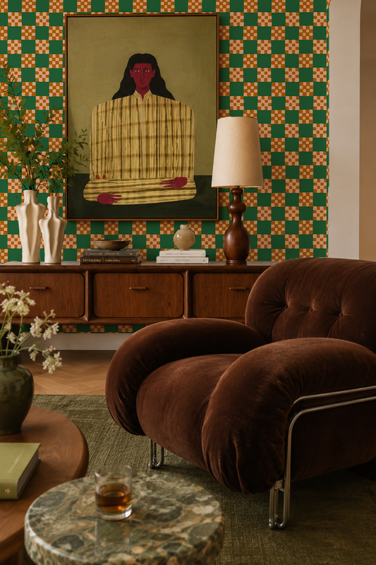 Cantina Check Wallpaper, green, peach and toffee