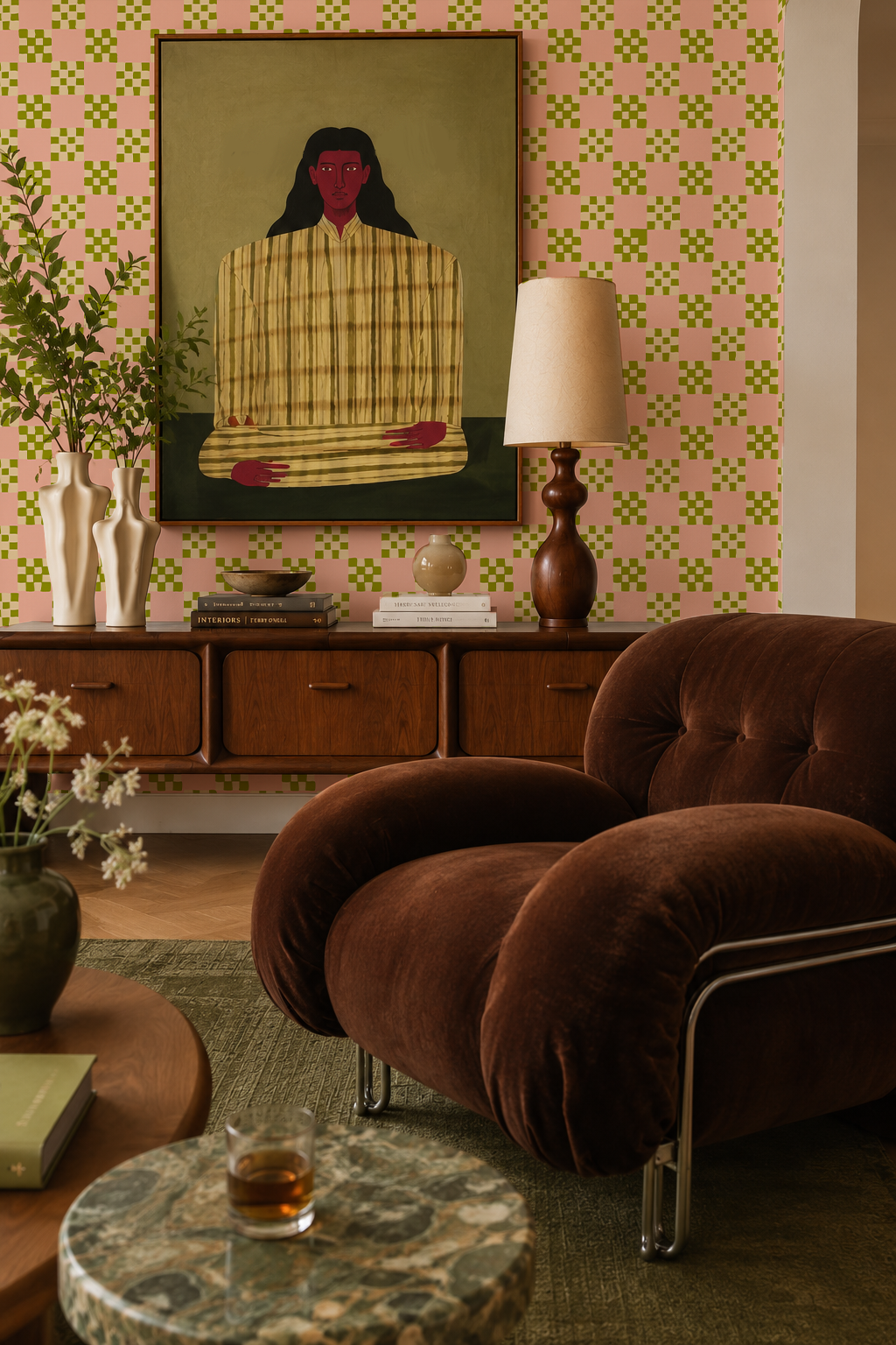 Cantina Check Wallpaper, pink, olive green and light beige