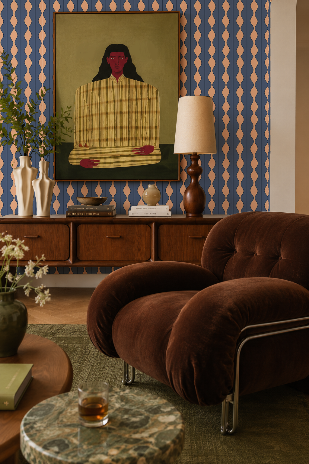 Rosario Stripe Wallpaper, baltic blue and peach
