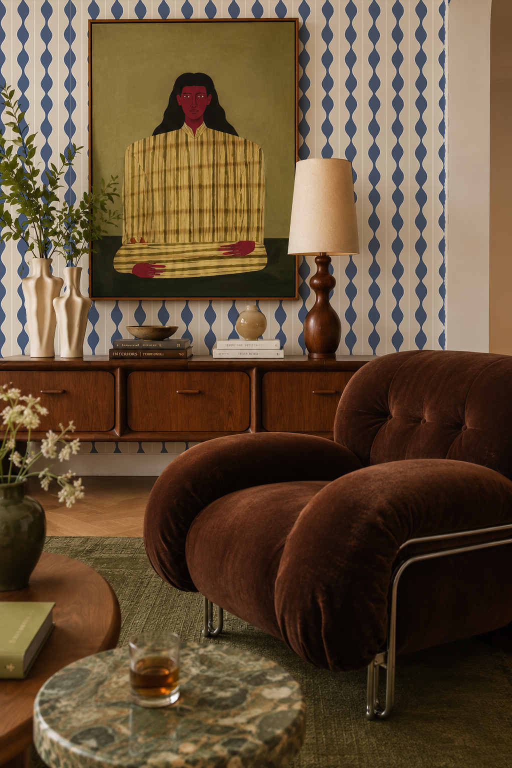 Rosario Stripe Wallpaper, beige and baltic blue