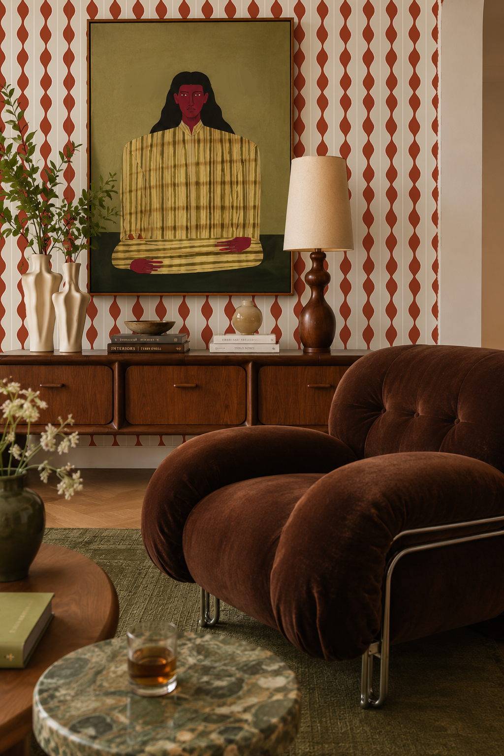 Rosario Stripe Wallpaper, beige and brick red