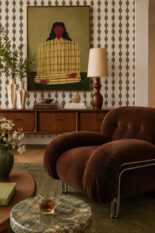 Rosario Stripe Wallpaper, beige and pine needles