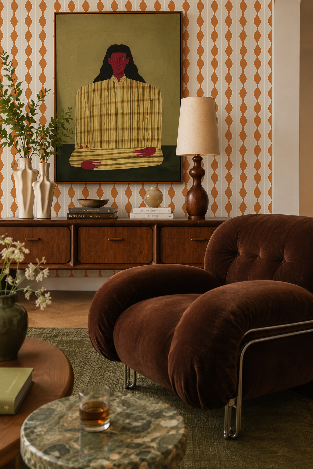 Rosario Stripe Wallpaper, beige and rusty orange
