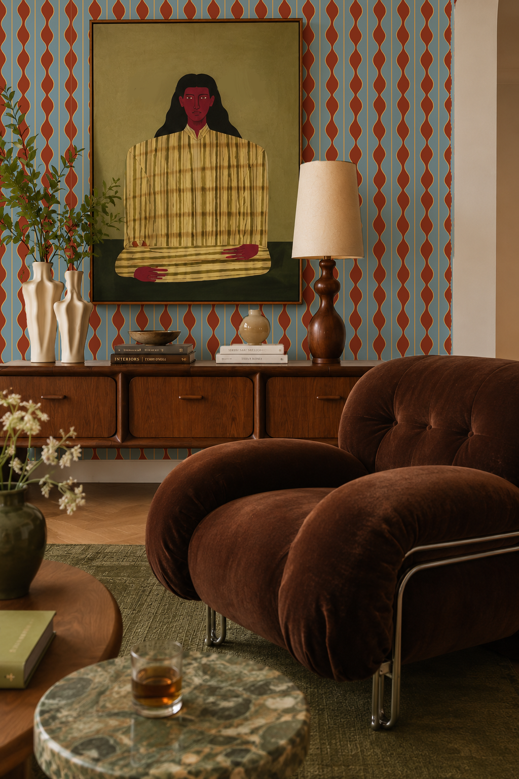 Rosario Stripe Wallpaper, blue, yellow and rust