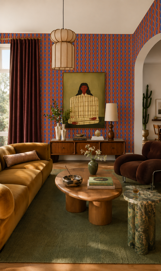 Rosario Stripe Wallpaper, brick red, blue and peachy white