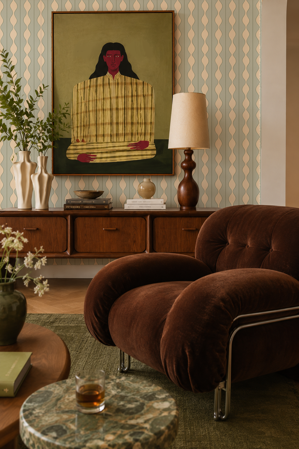 Rosario Stripe Wallpaper, desert aloe, sage and beige