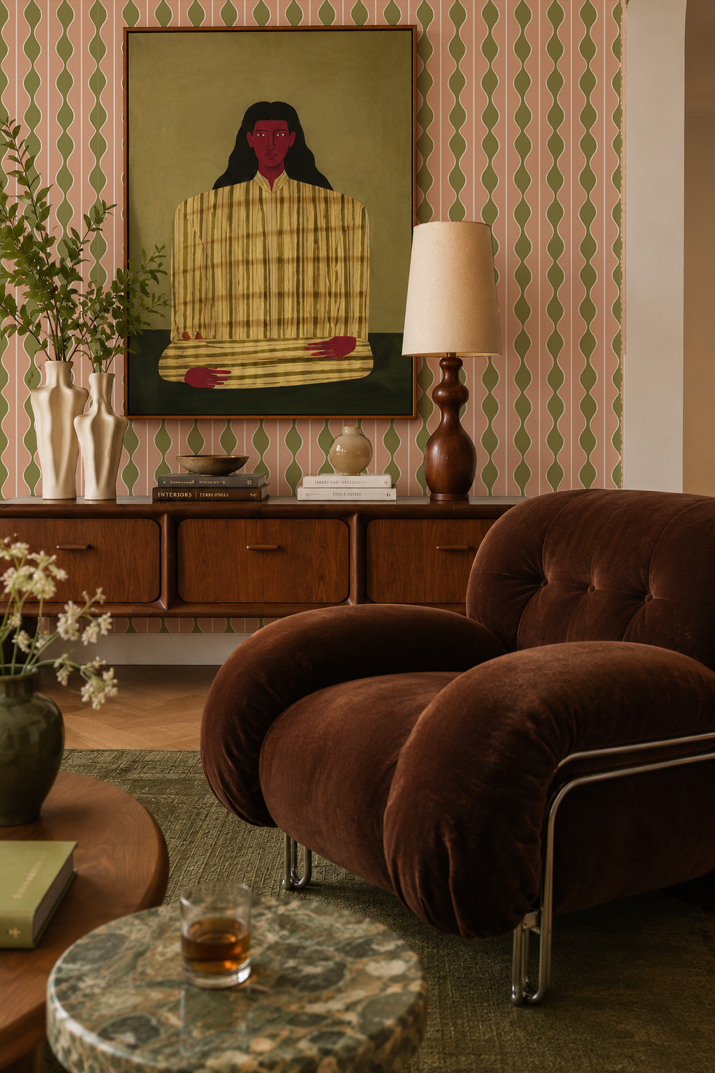 Rosario Stripe Wallpaper, peach and olive